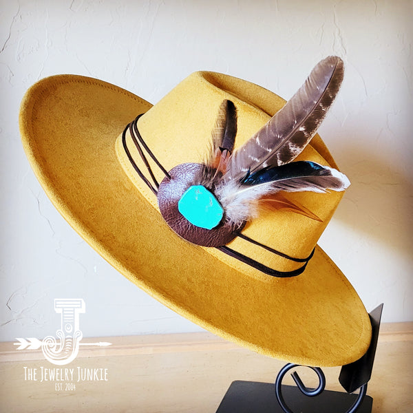 Boho Western hat with genuine leather hat band feathers and turquoise