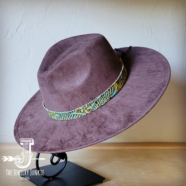 Boho Western hat with genuine leather hat band feathers and turquoise