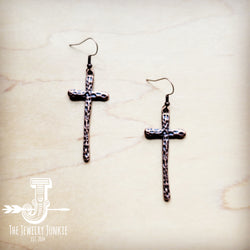 Narrow Hammered Copper Cross Earrings