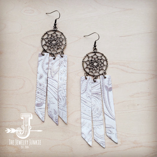 Dream Catcher Earrings w/ Leather Fringe Oyster Paisley 200ae