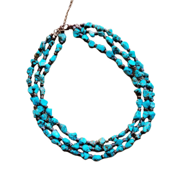 Triple Strand Blue Turquoise & Wood Collar Necklace 259f