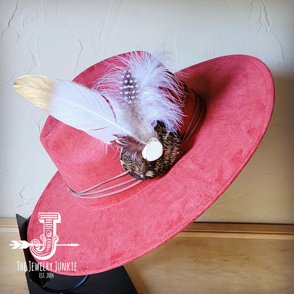 Boho Western hat with genuine leather hat band feathers and turquoise