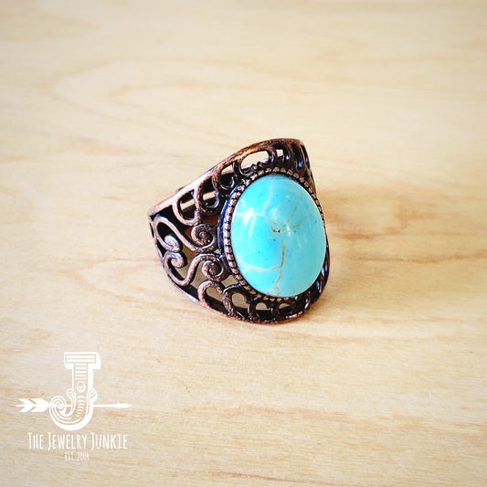 Blue Turquoise Ring in Antique Copper Filigree Setting 012d