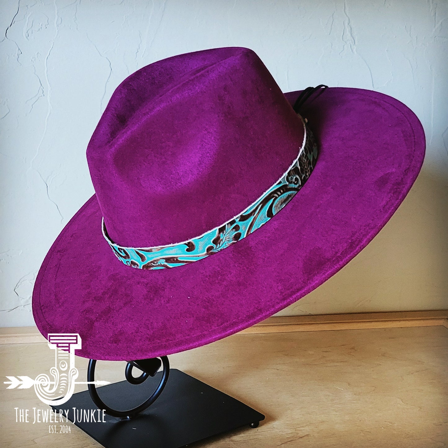 Boho Western hat with genuine leather hat band feathers and turquoise