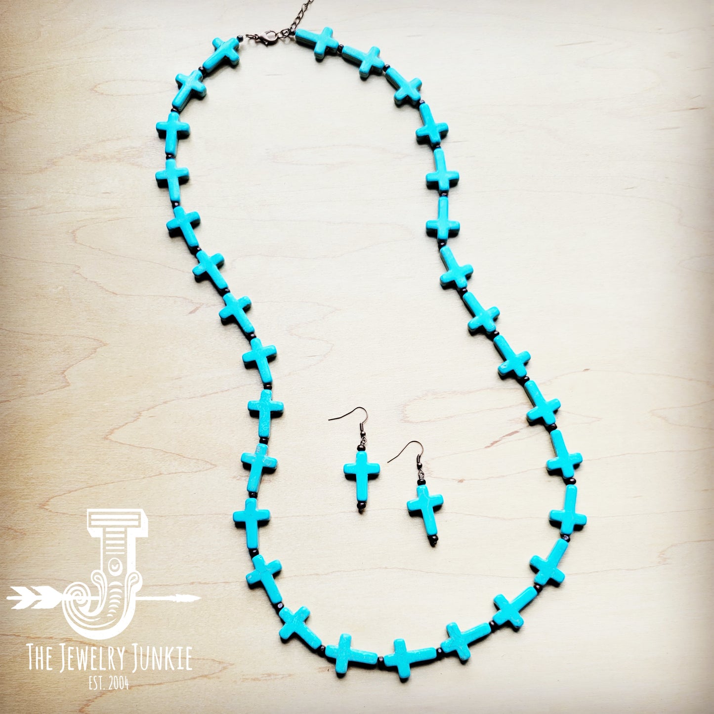 Blue Turquoise & Wood Beaded Cross Necklace