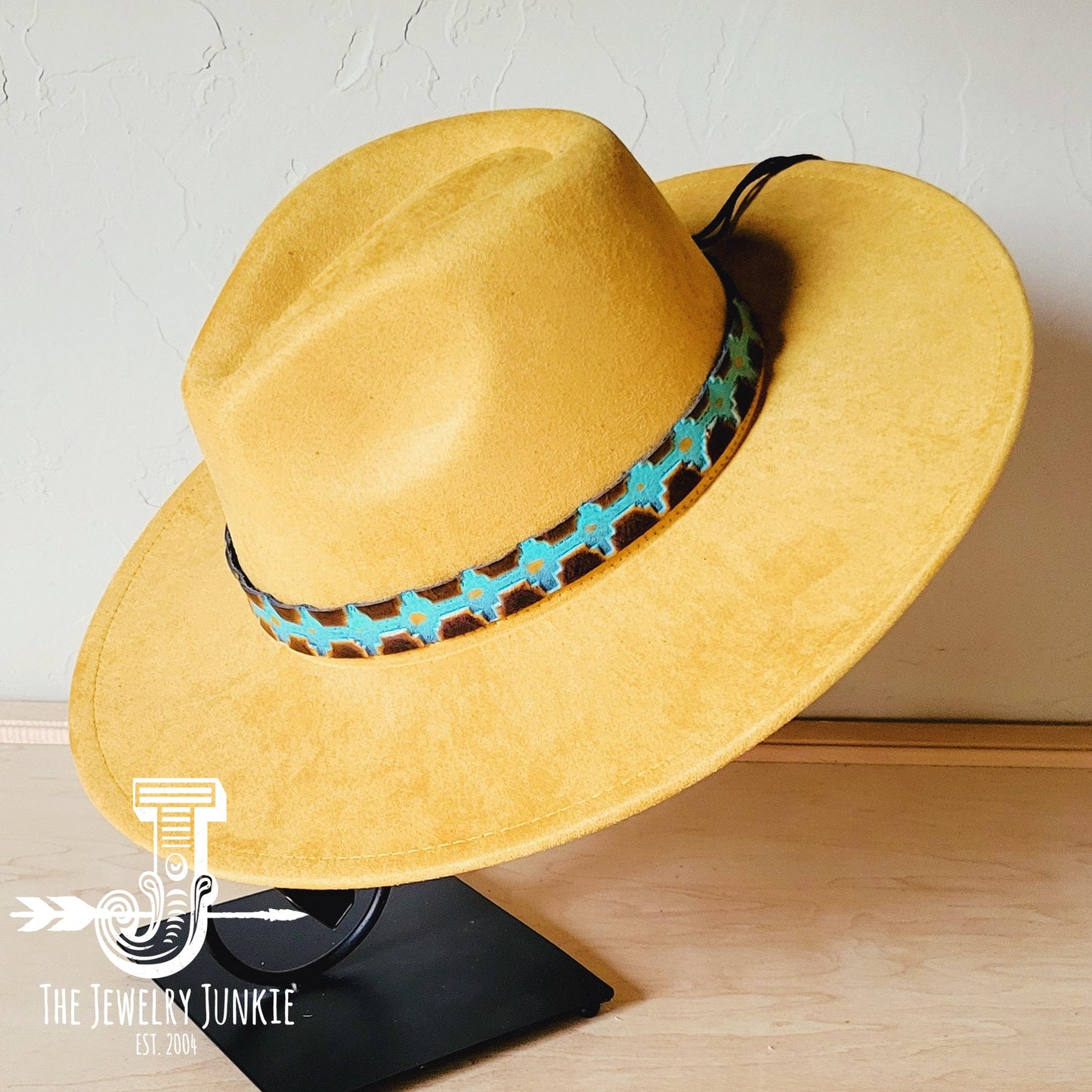 Boho Western hat with genuine leather hat band feathers and turquoise