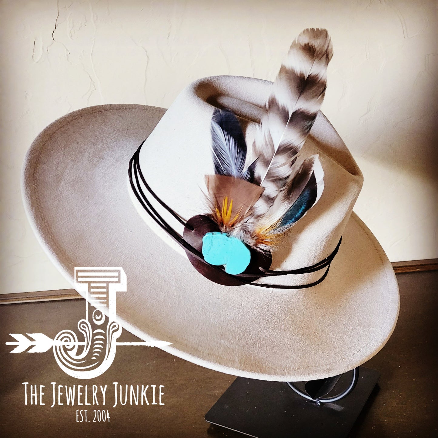 Boho Western hat with genuine leather hat band feathers and turquoise