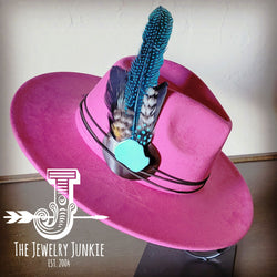 Boho Western hat with genuine leather hat band feathers and turquoise