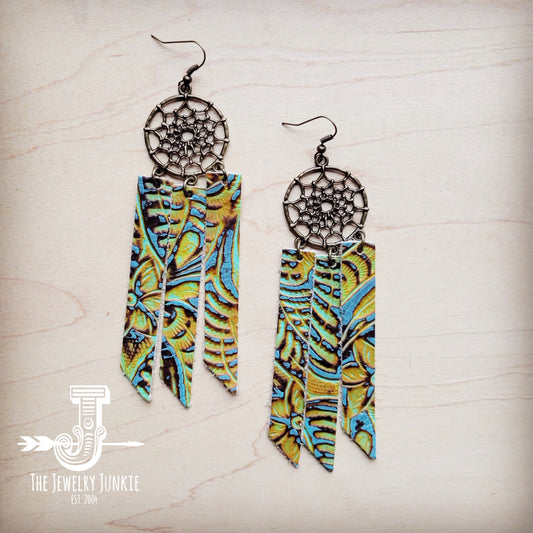 Dream Catcher Earrings w/ Leather Fringe Dallas Turquoise 200ad