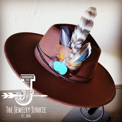 Boho Western hat with genuine leather hat band feathers and turquoise