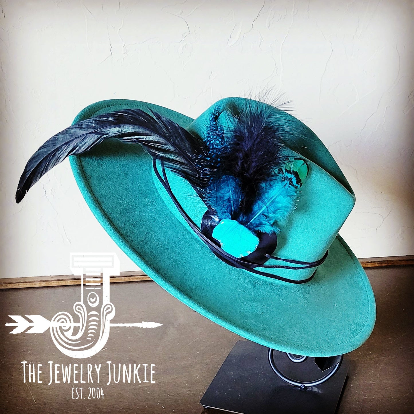 Boho Western hat with genuine leather hat band feathers and turquoise