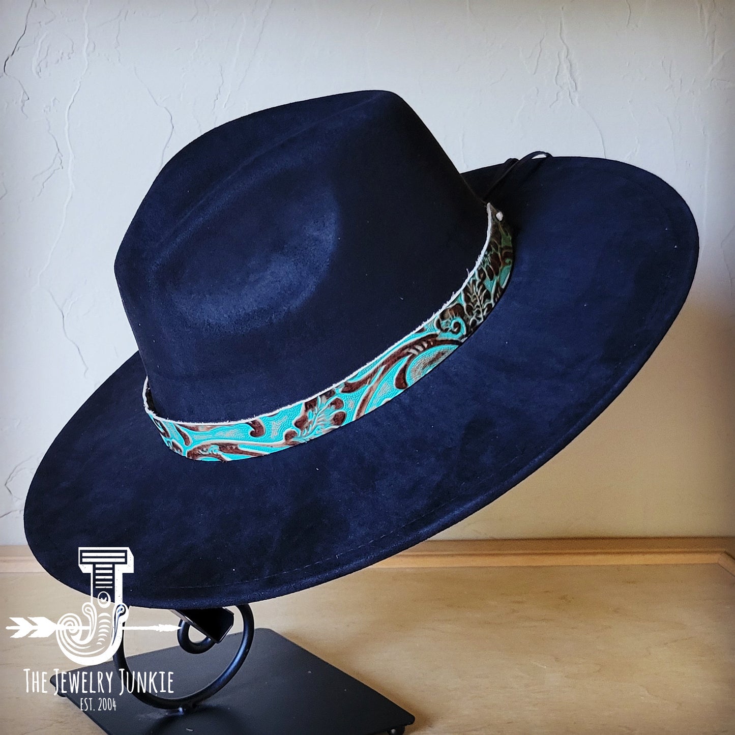 Boho Western hat with genuine leather hat band feathers and turquoise