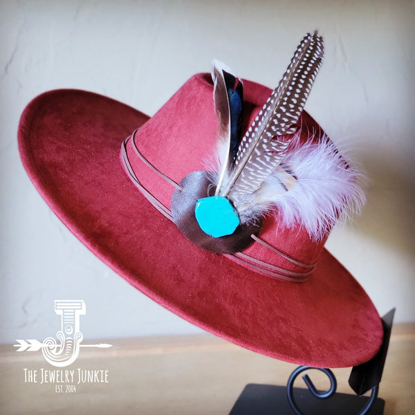 Boho Western hat with genuine leather hat band feathers and turquoise