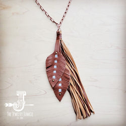 **Long Copper Necklace w/ Genuine Leather Tassel Pendant 258ke