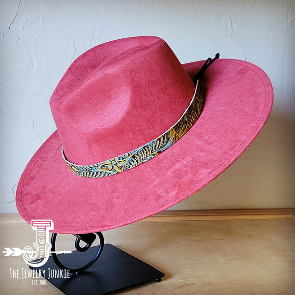 Boho Western hat with genuine leather hat band feathers and turquoise