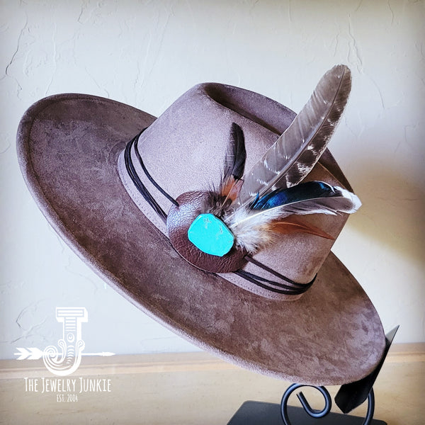 Boho Western hat with genuine leather hat band feathers and turquoise