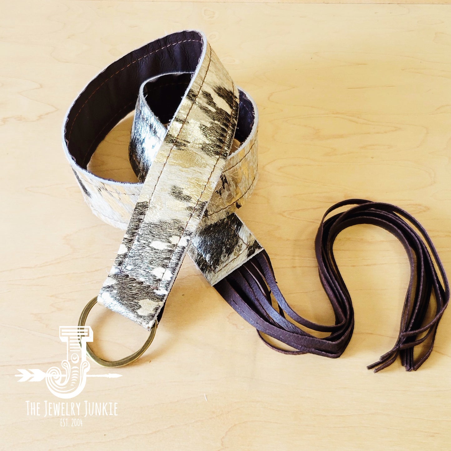 Hair-on-Hide Silver Metallic Leather Belt w/ Fringe 907d