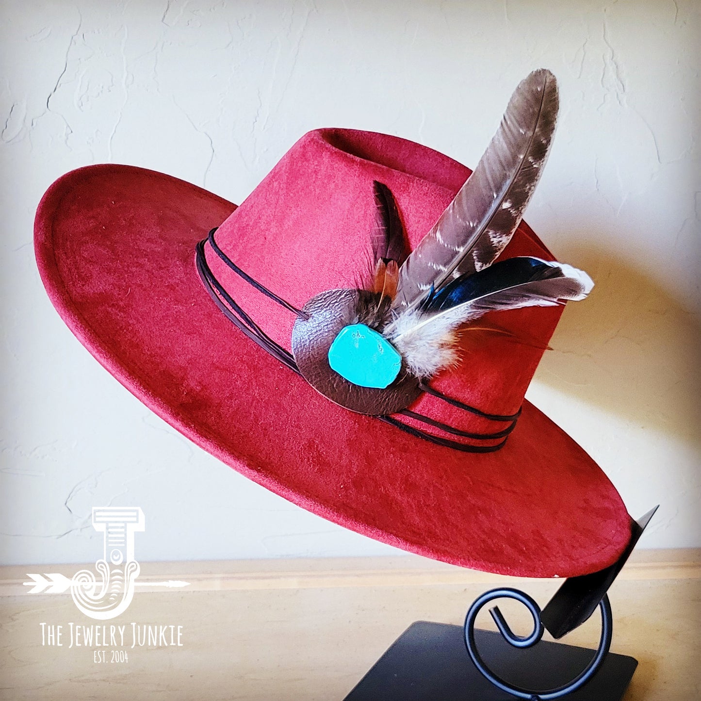 Boho Western hat with genuine leather hat band feathers and turquoise