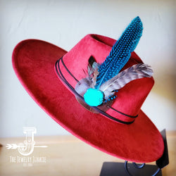 Boho Western hat with genuine leather hat band feathers and turquoise