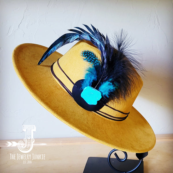 Boho Western hat with genuine leather hat band feathers and turquoise