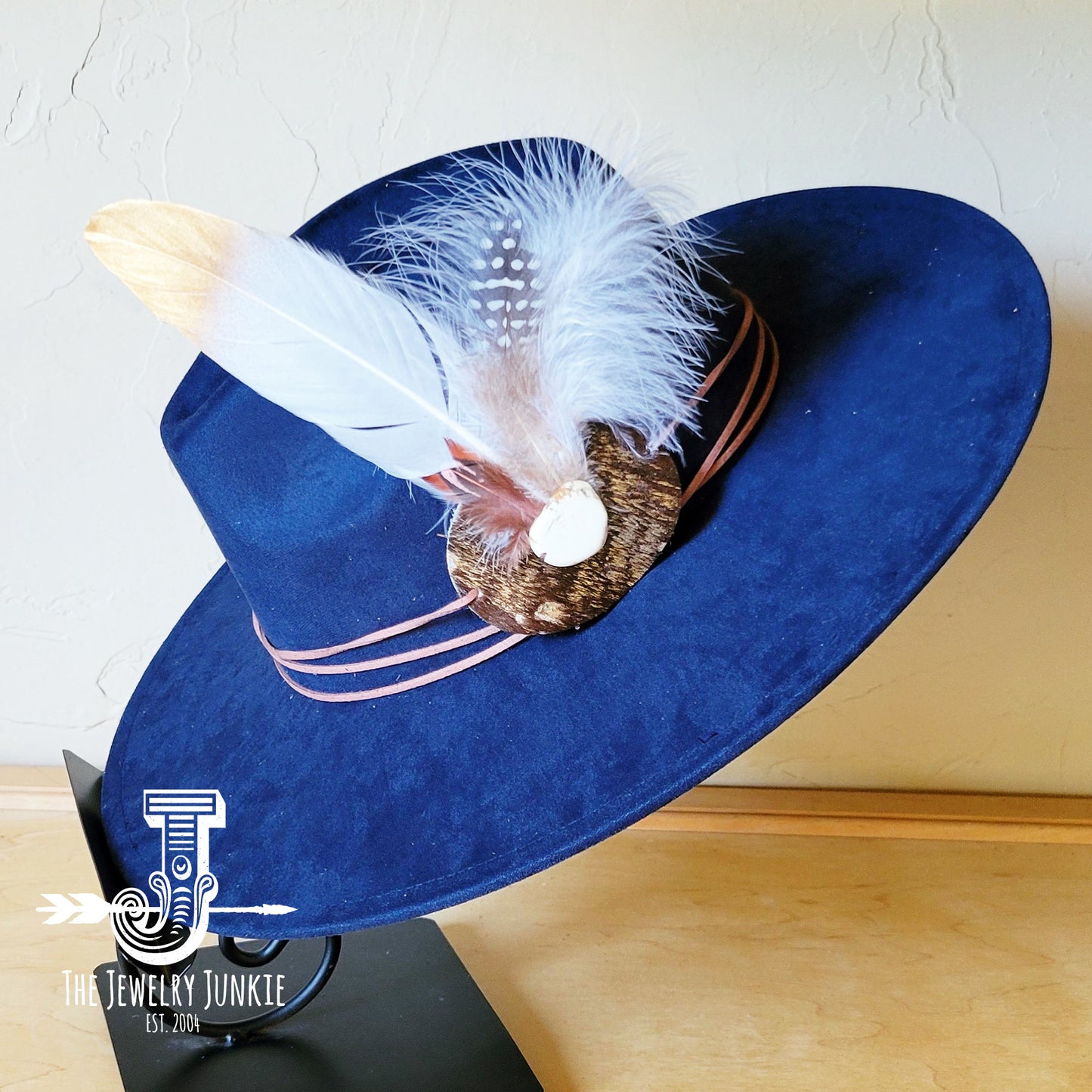 Boho Western hat with genuine leather hat band feathers and turquoise