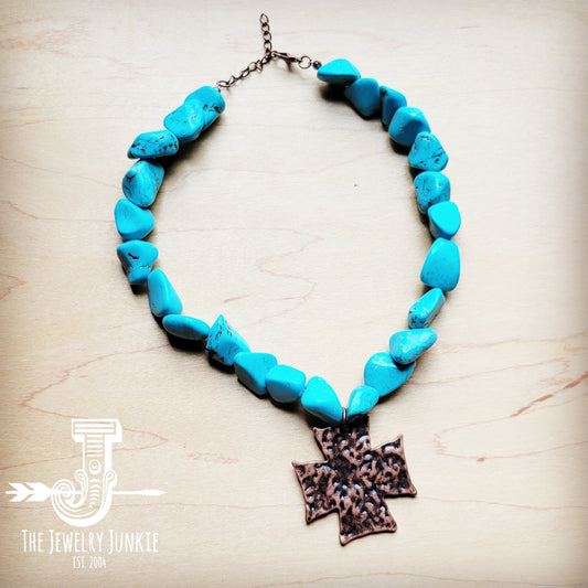 Chunky Blue Turquoise Collar Necklace w/ Cross Pendant