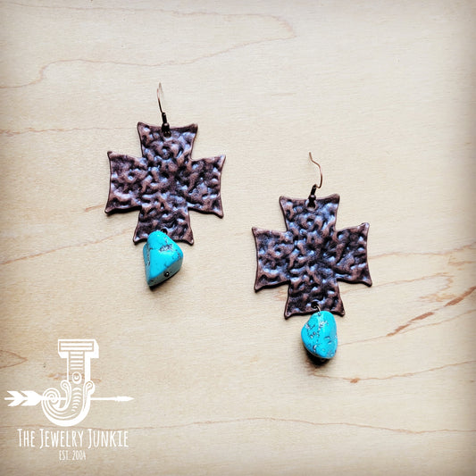 Copper Cross Earrings w/ Blue Turquoise Chunks