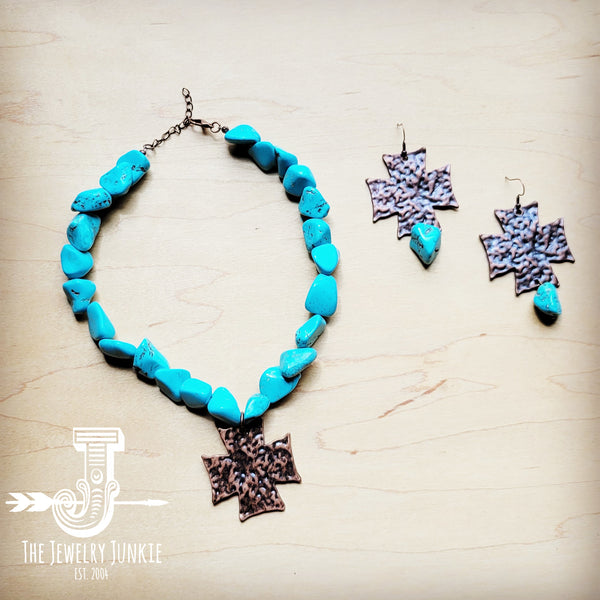 Copper Cross Earrings w/ Blue Turquoise Chunks