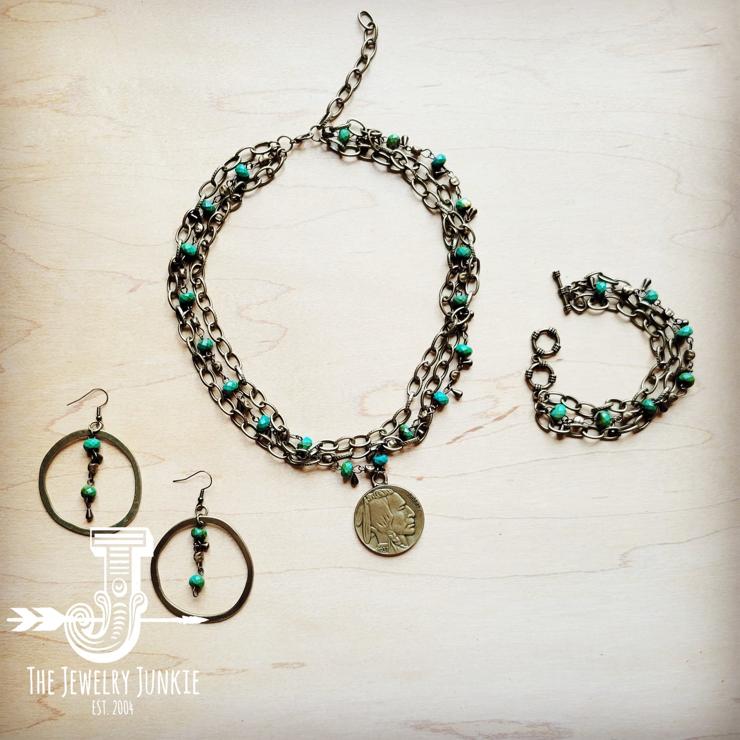 Green Jasper Collar-length Necklace w/ Indian Coin