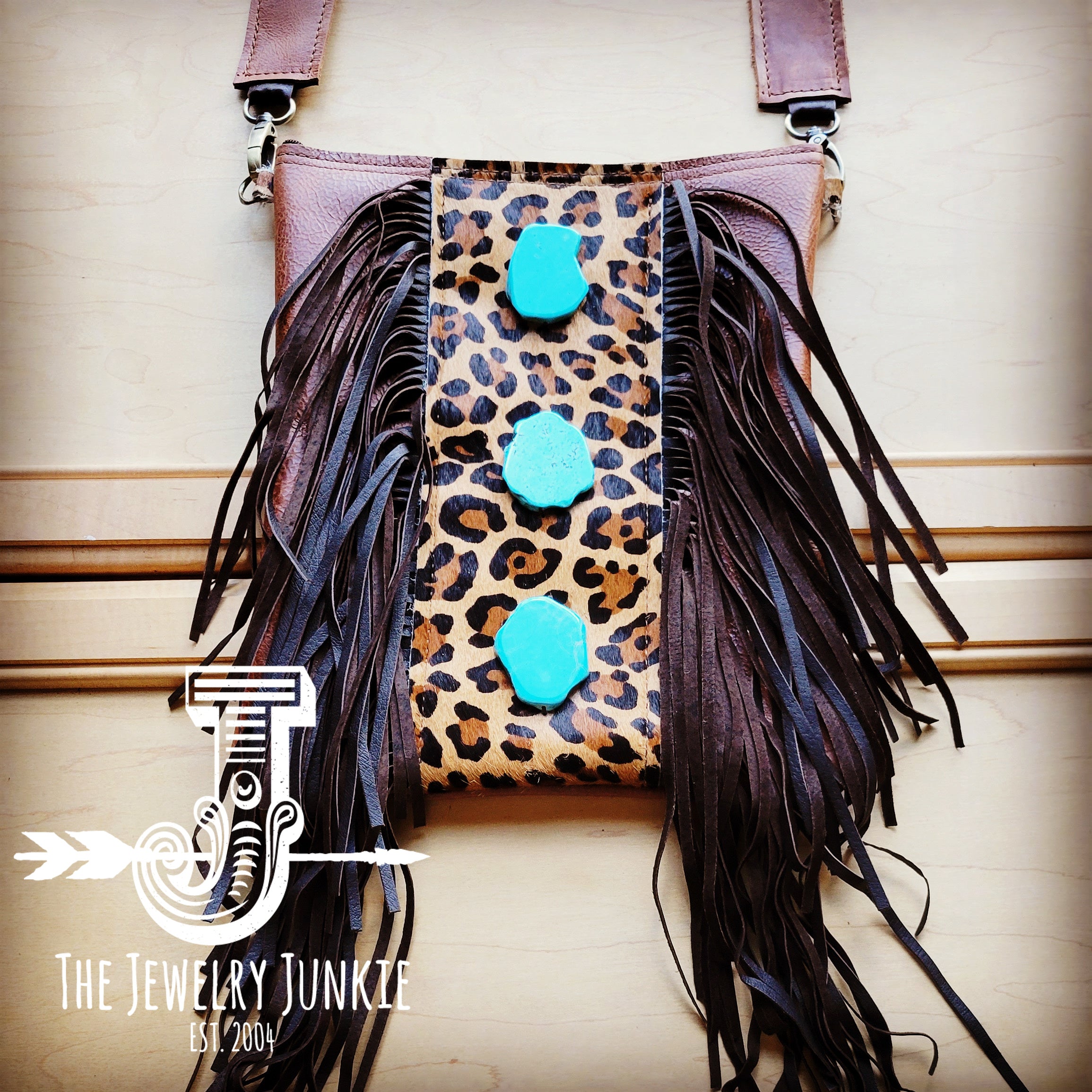 Tejas Leather Bucket Handbag with Brown Fringe & Turquoise Slabs