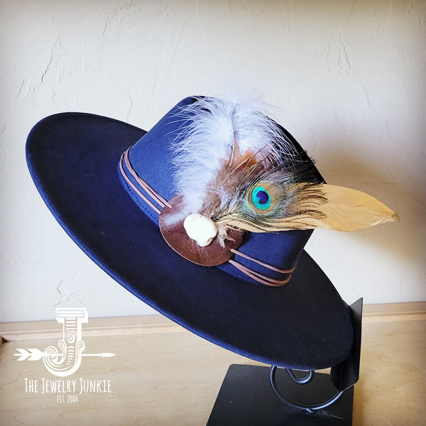 Boho Western hat with genuine leather hat band feathers and turquoise