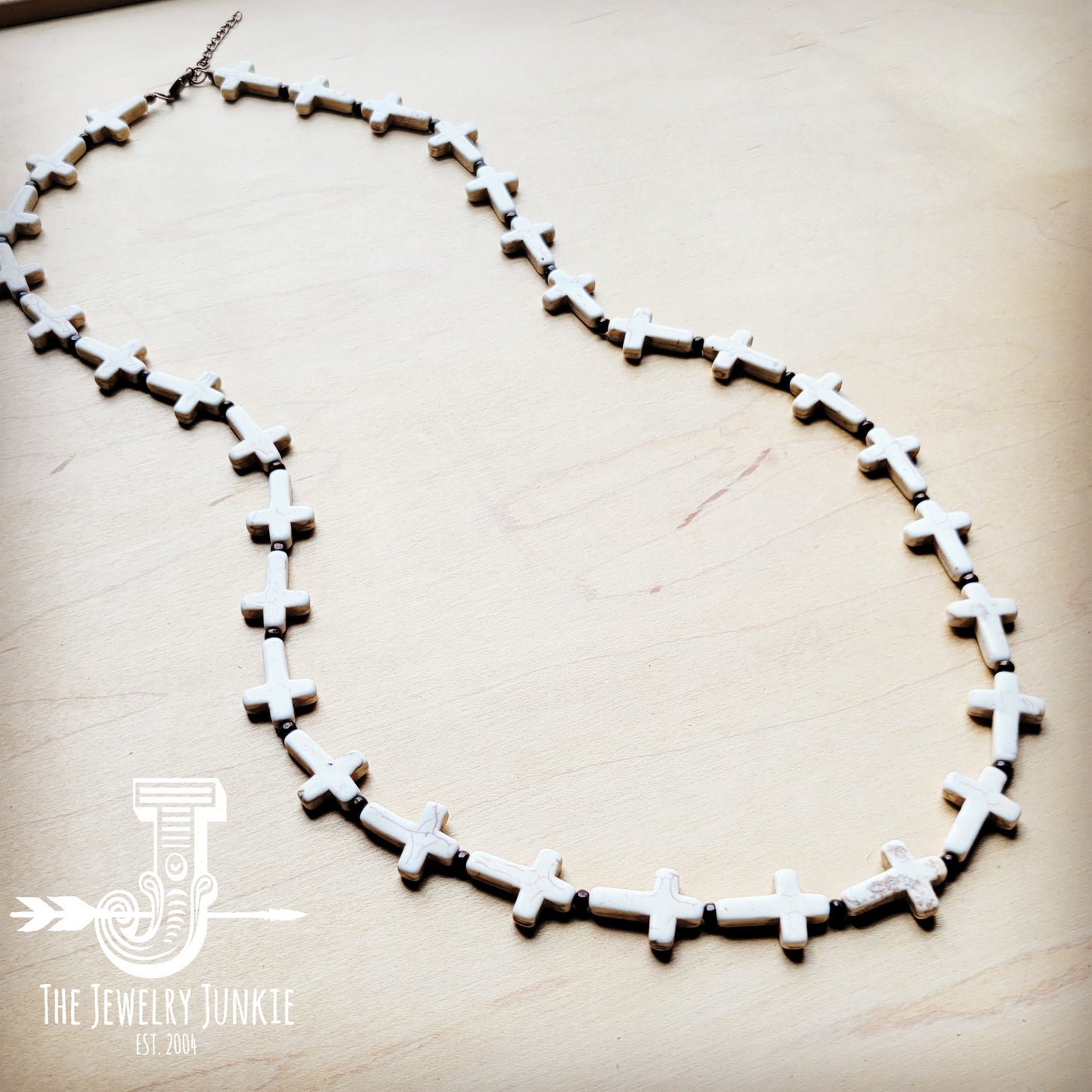 White Turquoise & Wood Beaded Cross Necklace