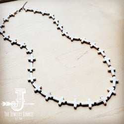 White Turquoise & Wood Beaded Cross Necklace