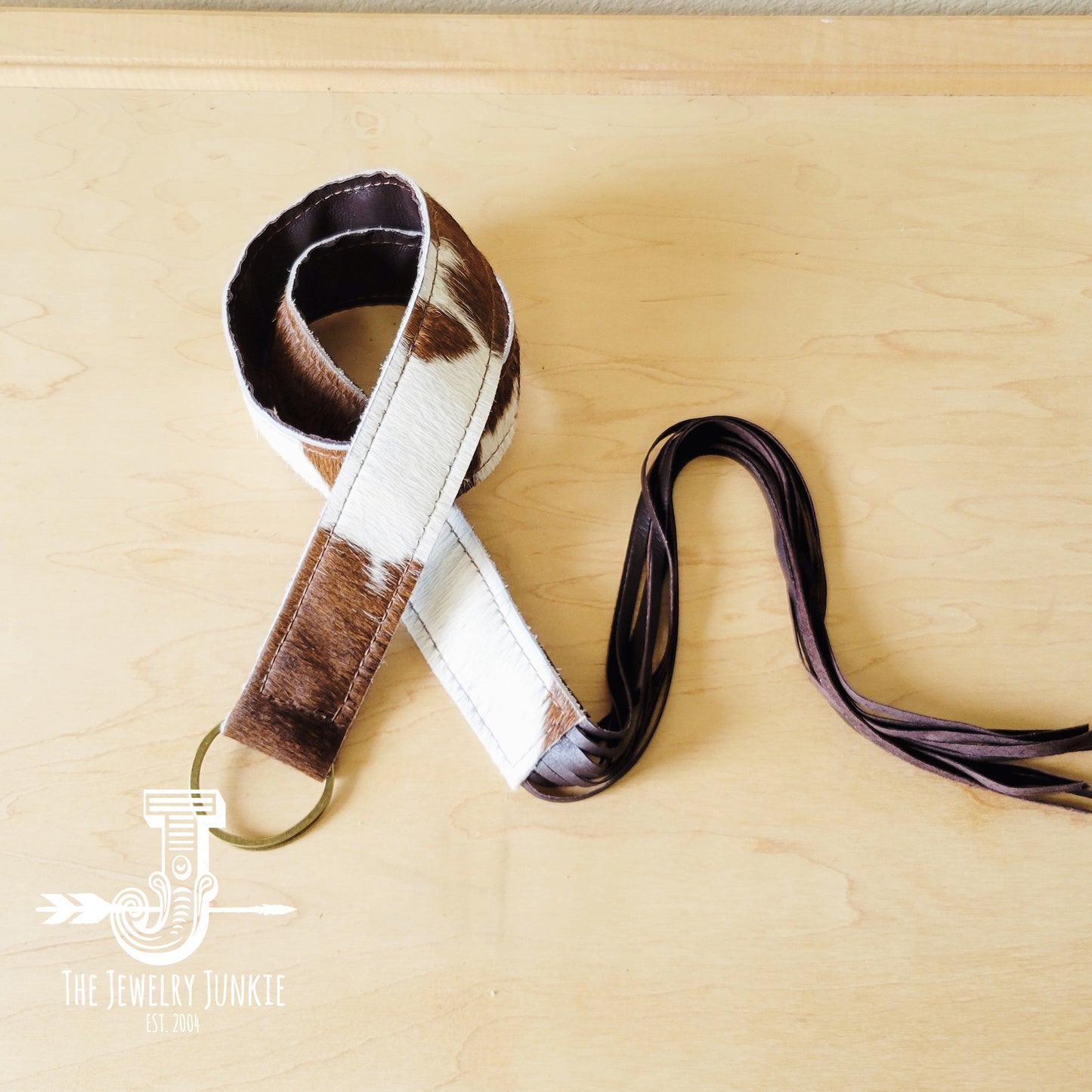 Hair-on-Hide Brown & White Leather Belt w/ Fringe 907c