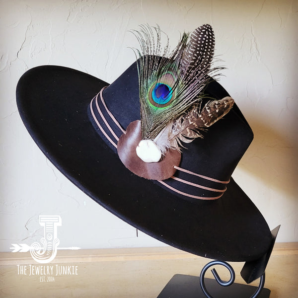 Boho Western hat with genuine leather hat band feathers and turquoise