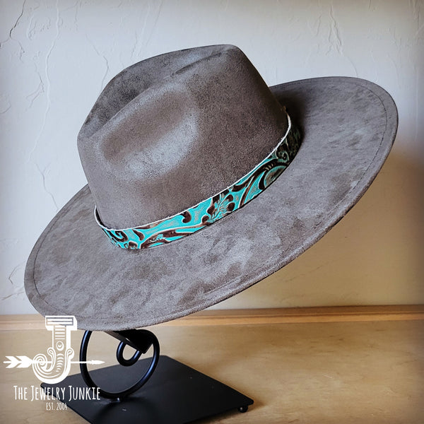 Boho Western hat with genuine leather hat band feathers and turquoise