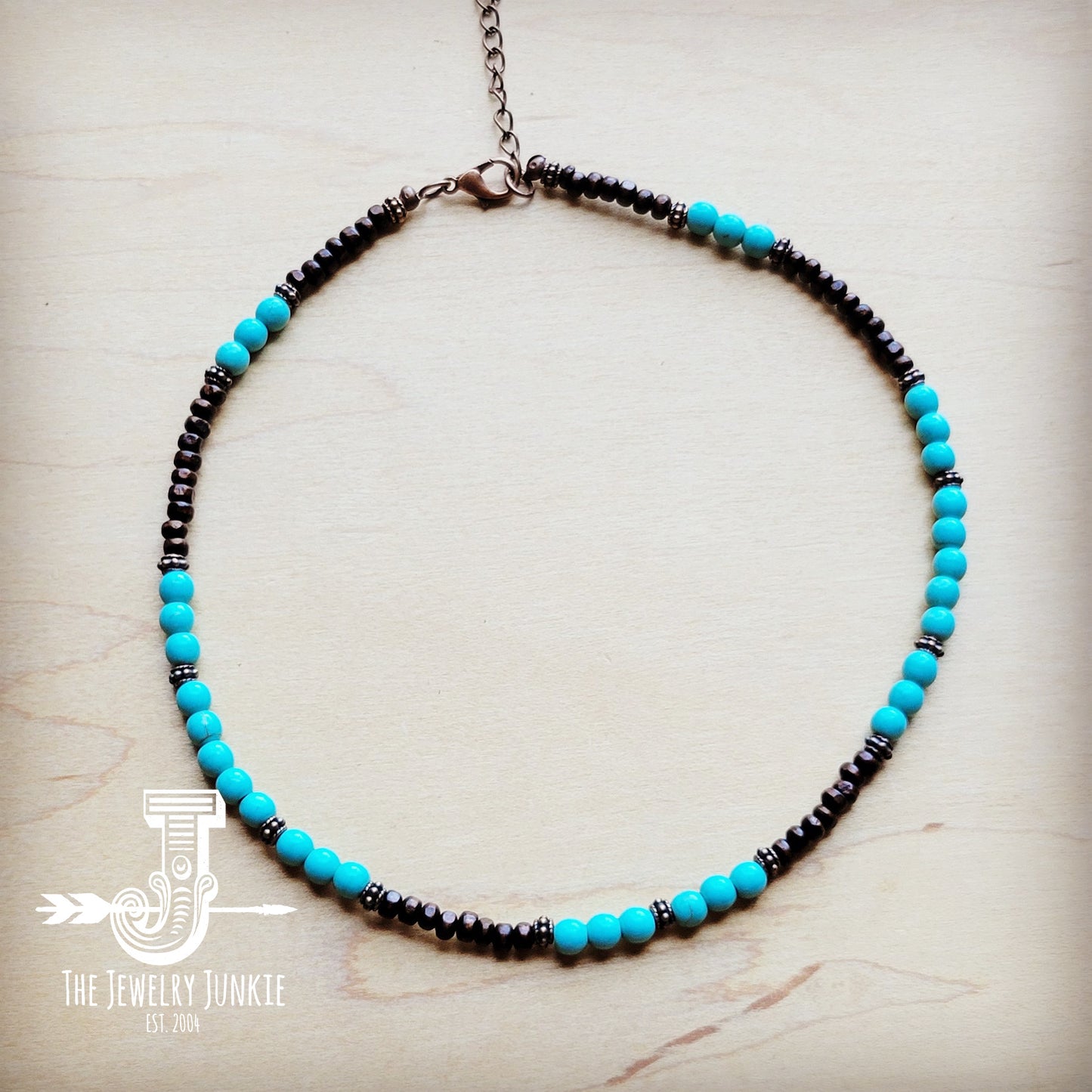 Blue Turquoise, Wood and Copper Beads Collar Necklace 230g