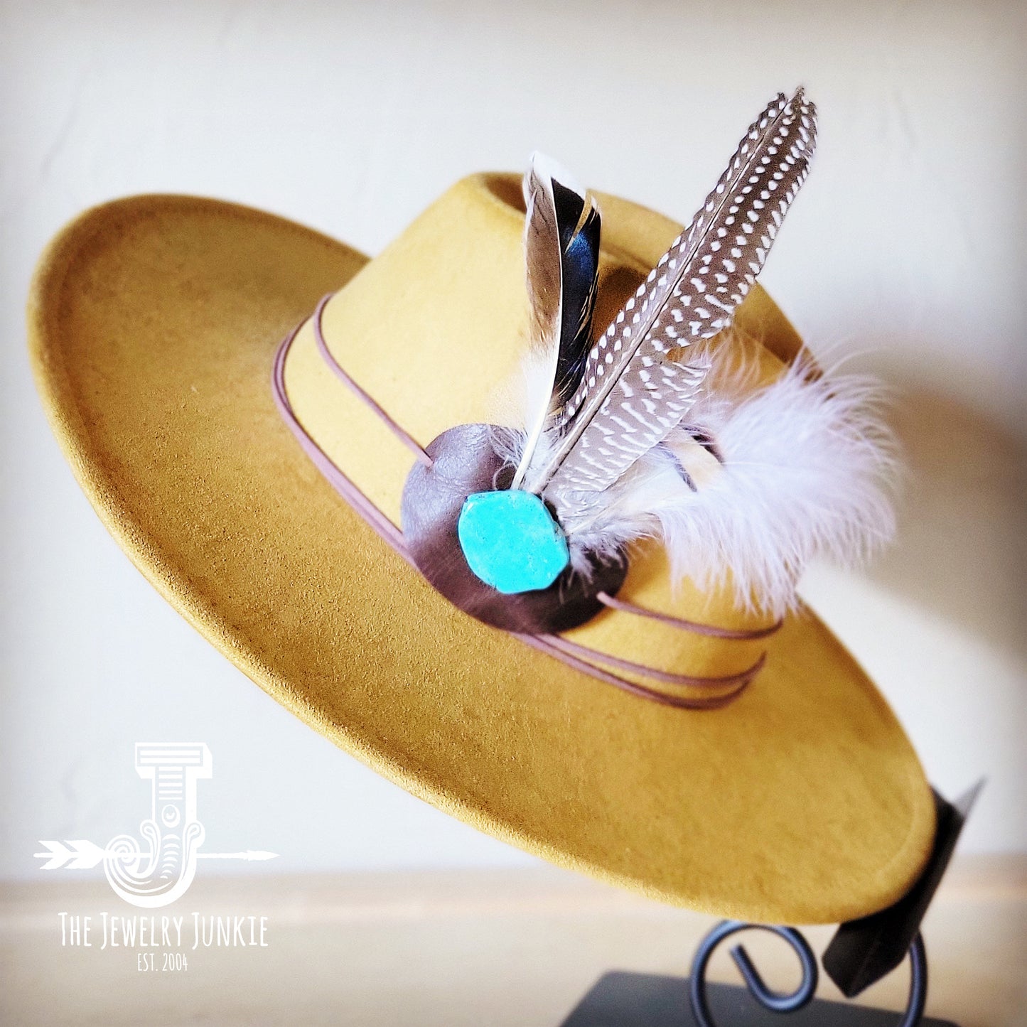 Boho Western hat with genuine leather hat band feathers and turquoise