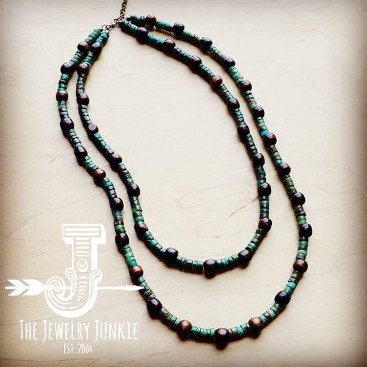 **Natural Turquoise and Wood Double Strand Necklace 256q