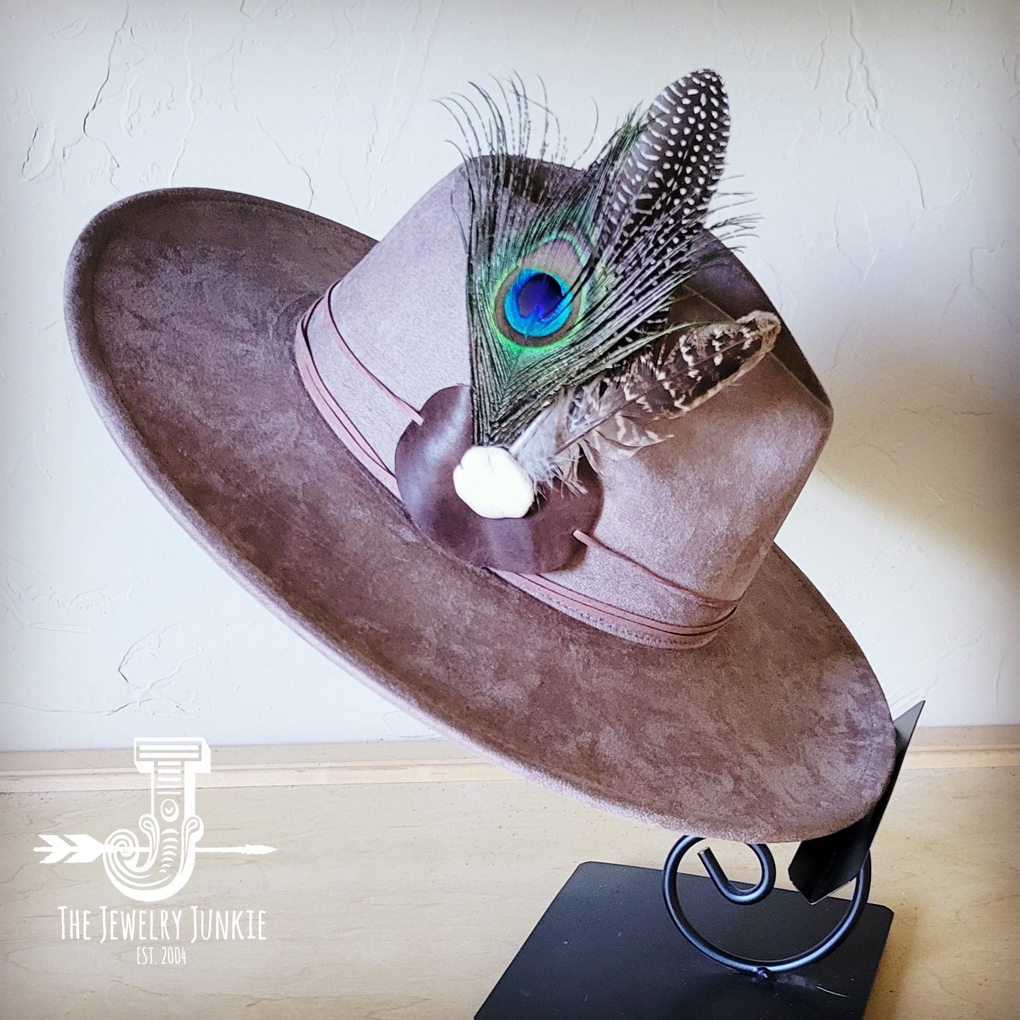 Boho Western hat with genuine leather hat band feathers and turquoise