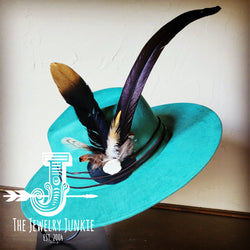 Boho Western hat with genuine leather hat band feathers and turquoise