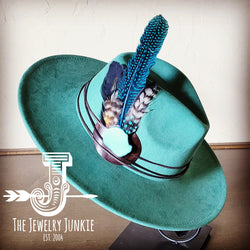 Boho Western hat with genuine leather hat band feathers and turquoise