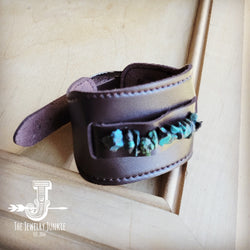 Wide Dark Leather Cuff with Natural Turquoise Chunks 011y