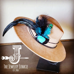 Boho Western hat with genuine leather hat band feathers and turquoise