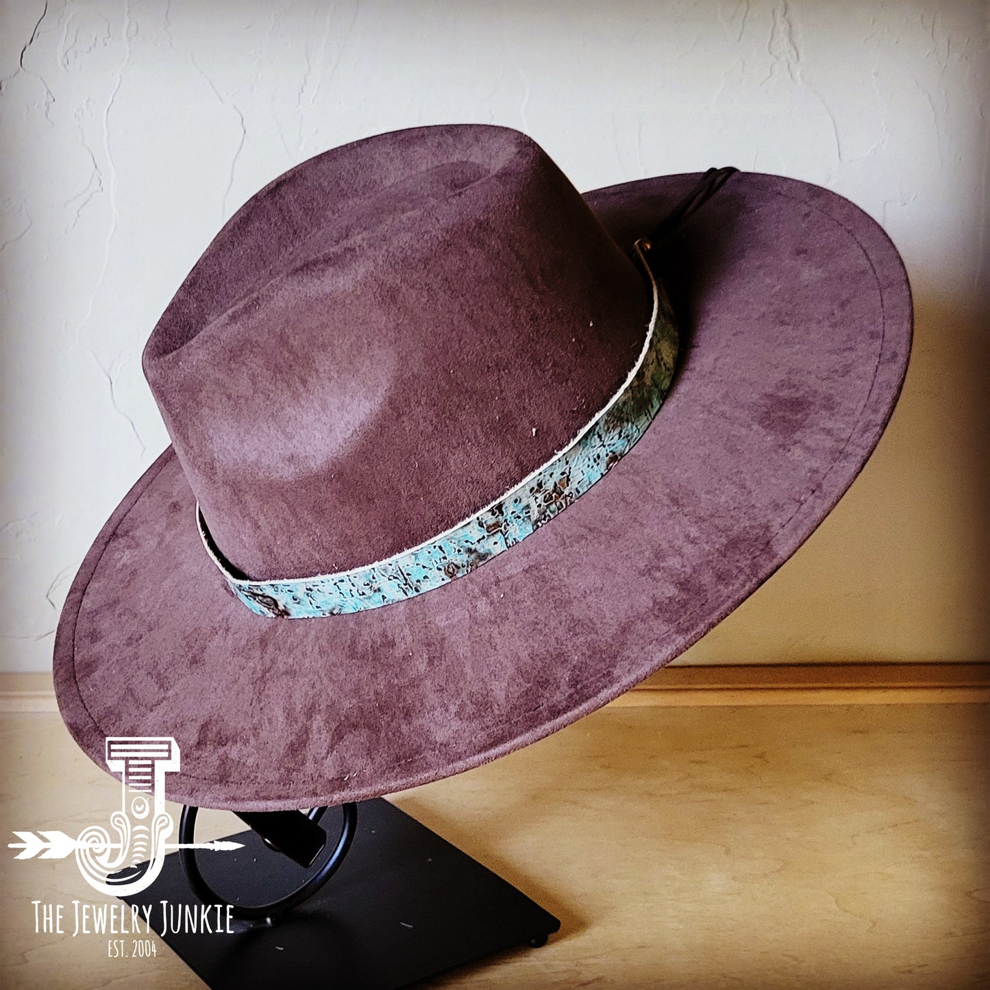 Boho Western hat with genuine leather hat band feathers and turquoise