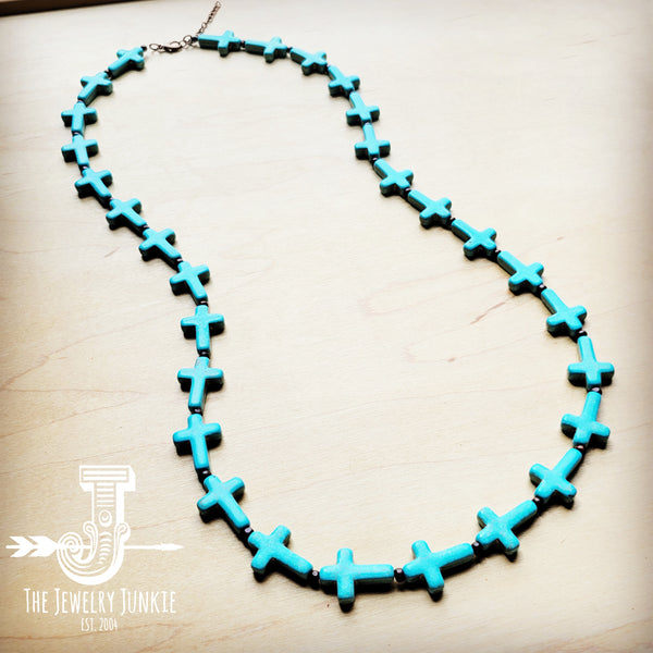 Blue Turquoise & Wood Beaded Cross Necklace