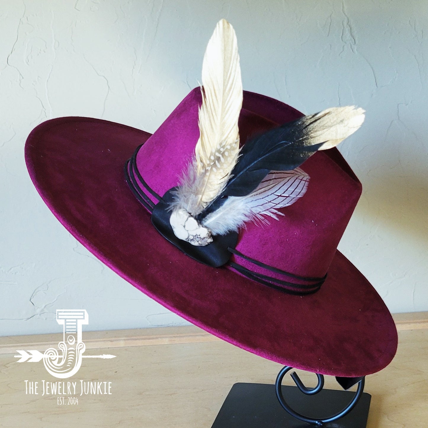 Boho Western hat with genuine leather hat band feathers and turquoise