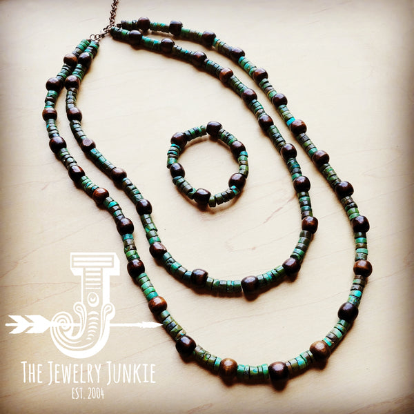 **Natural Turquoise and Wood Double Strand Necklace 256q