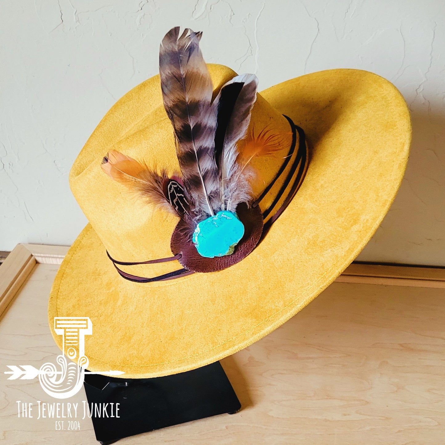 Boho Western hat with genuine leather hat band feathers and turquoise