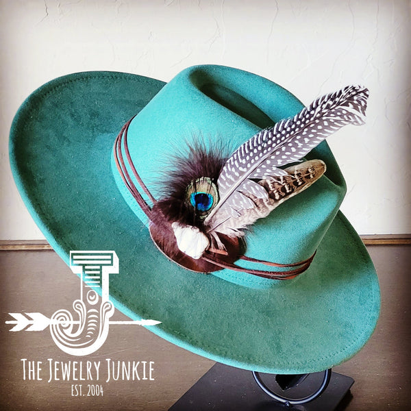 Boho Western hat with genuine leather hat band feathers and turquoise